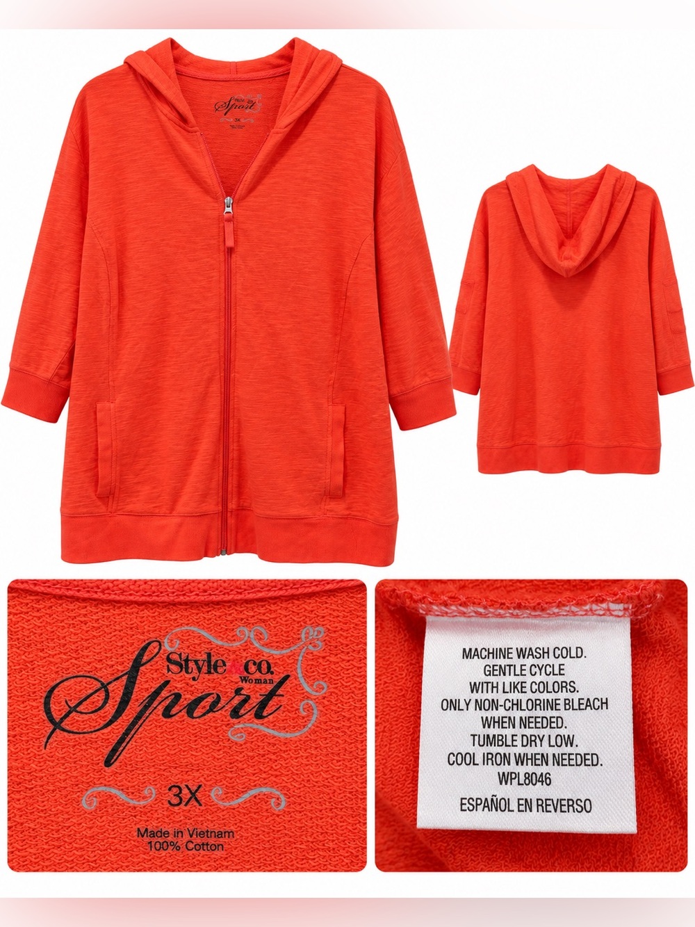 Style & Co Sport Women’s 3X Coral Orange Zip-Up Hooded Jacket 100% Cotton